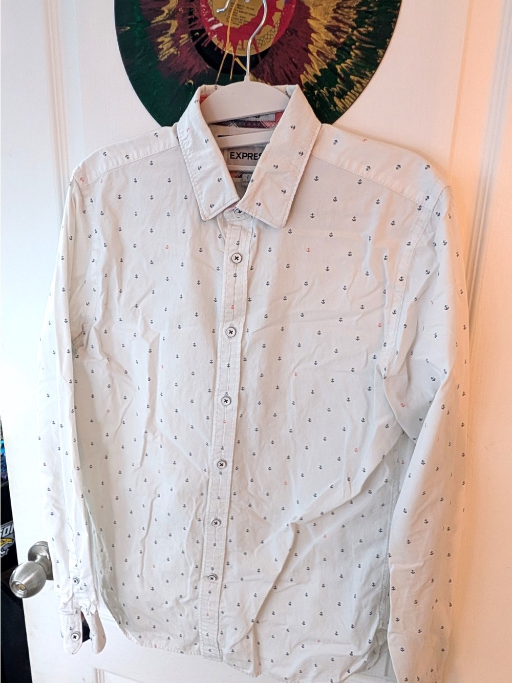 Express Men's Cream Button-Down Shirt with Navy Anchor Print
